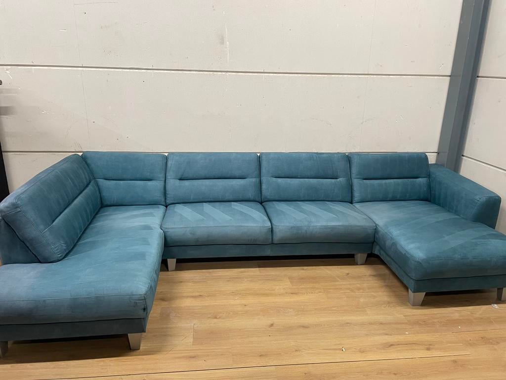 Mooie luxe suede blauwe petrol H&H u bank - GEREINIGD!!!, Huis en Inrichting, Banken | Bankstellen, Zo goed als nieuw, Hoekbank