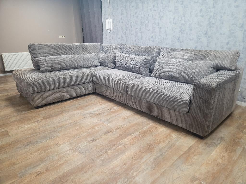 ZEER Mooi Groot GRIJS RIBSTOF Hoekbank, Info@banxtel.nl, 3194DC, Gebruikt, Ribstof Hoekbank