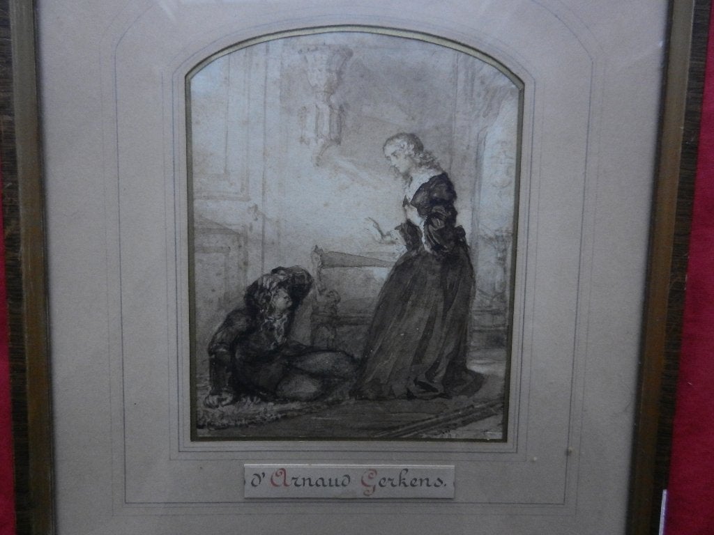 Aquarel Interieur m. figuren JC d Arnoud Gerkens (1823-1892), Antiek en Kunst, Ophalen of Verzenden