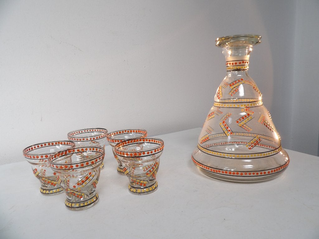 Art Deco Likeur Set - Boheems, Oranje/Geel Emaille, Ophalen of Verzenden