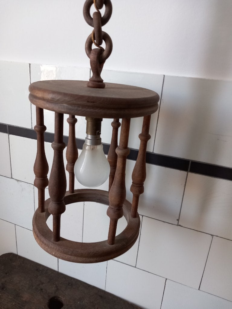 mooie vintage lamp hanglamp voor de hal, hout Frans brocante, Antiek en Kunst, Ophalen