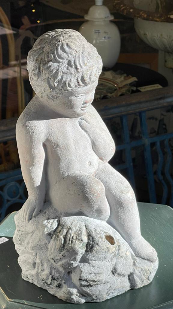 Brocante stenen tuinbeeld cherubijntje - fontein/waterspuwer, Steen, Gebruikt, Engelenbeeld, Ophalen of Verzenden