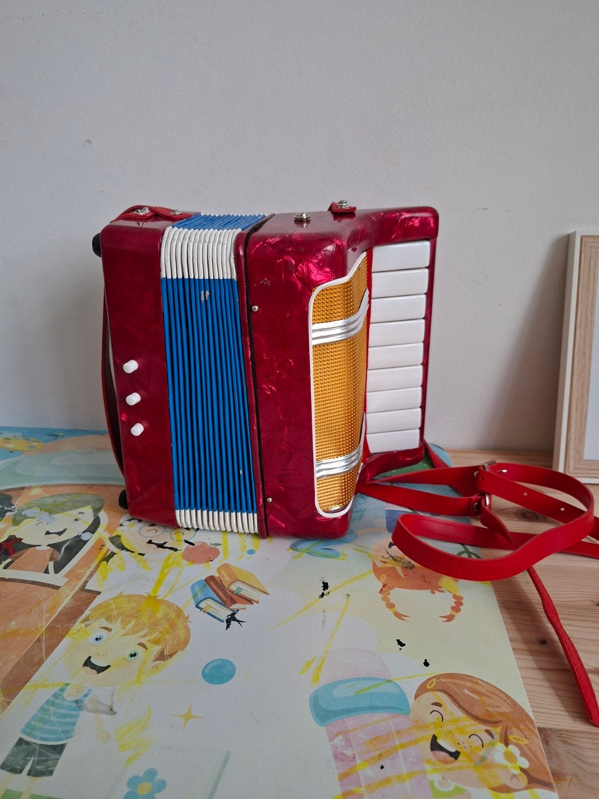 Vintage Rode Trekzak Accordeon met Riemen, Muziek en Instrumenten, Accordeons, Overige merken, Gebruikt, Met riemen, Overige formaten