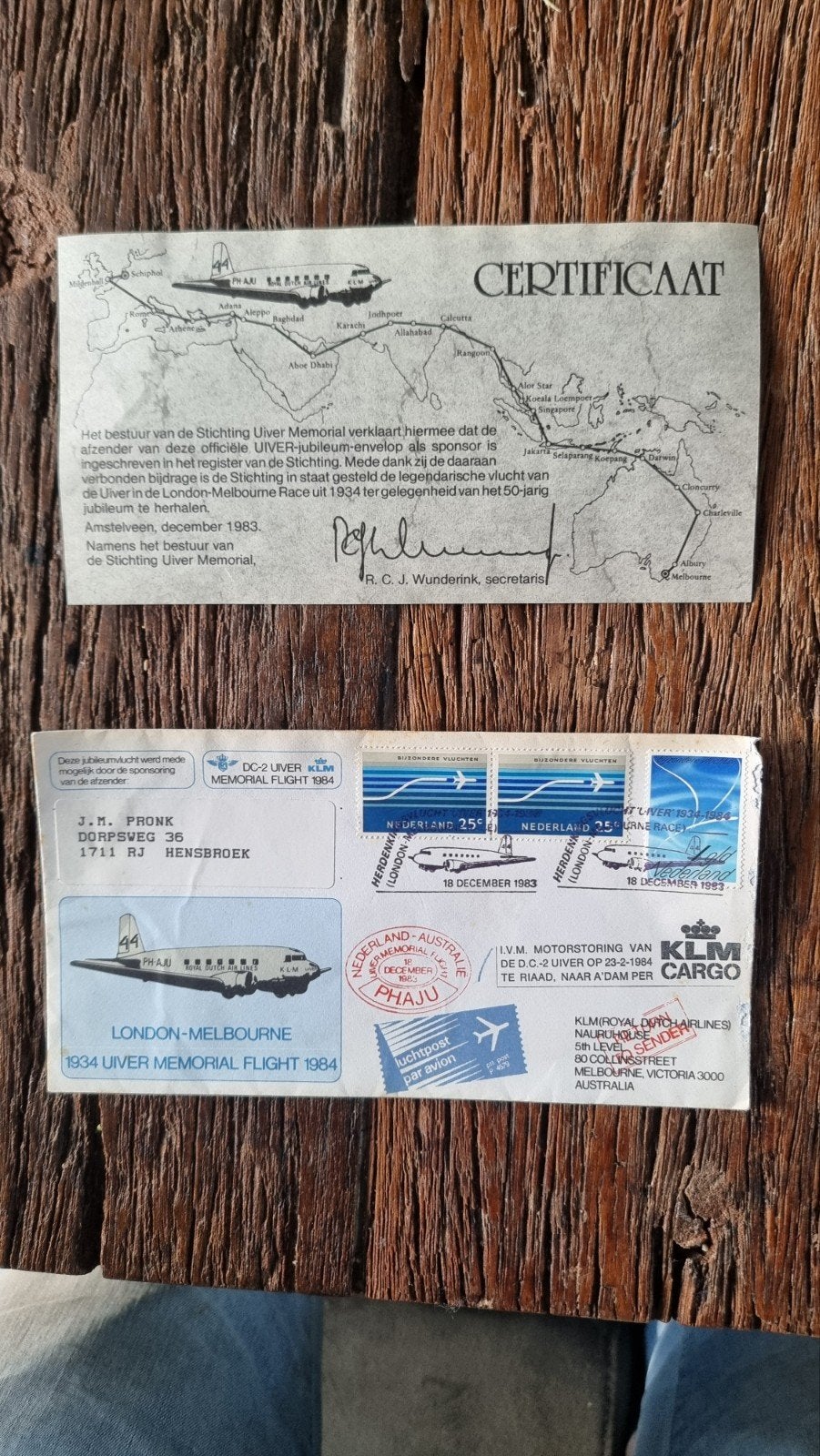 Douglas DC-2 Uiver Memorial Flight 1984 - Certificaat, Ophalen of Verzenden, Zo goed als nieuw, Kaart, Foto of Prent
