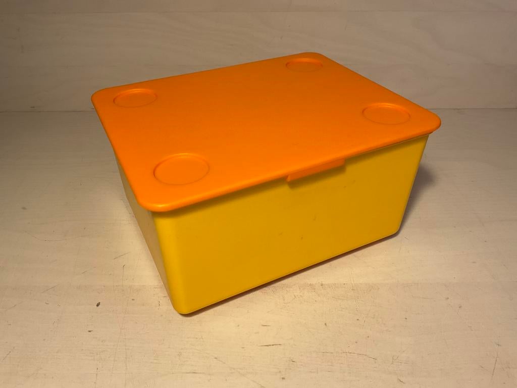 Vintage opbergbak van Ikea kleur geel met oranje deksel, Ophalen of Verzenden, Zo goed als nieuw
