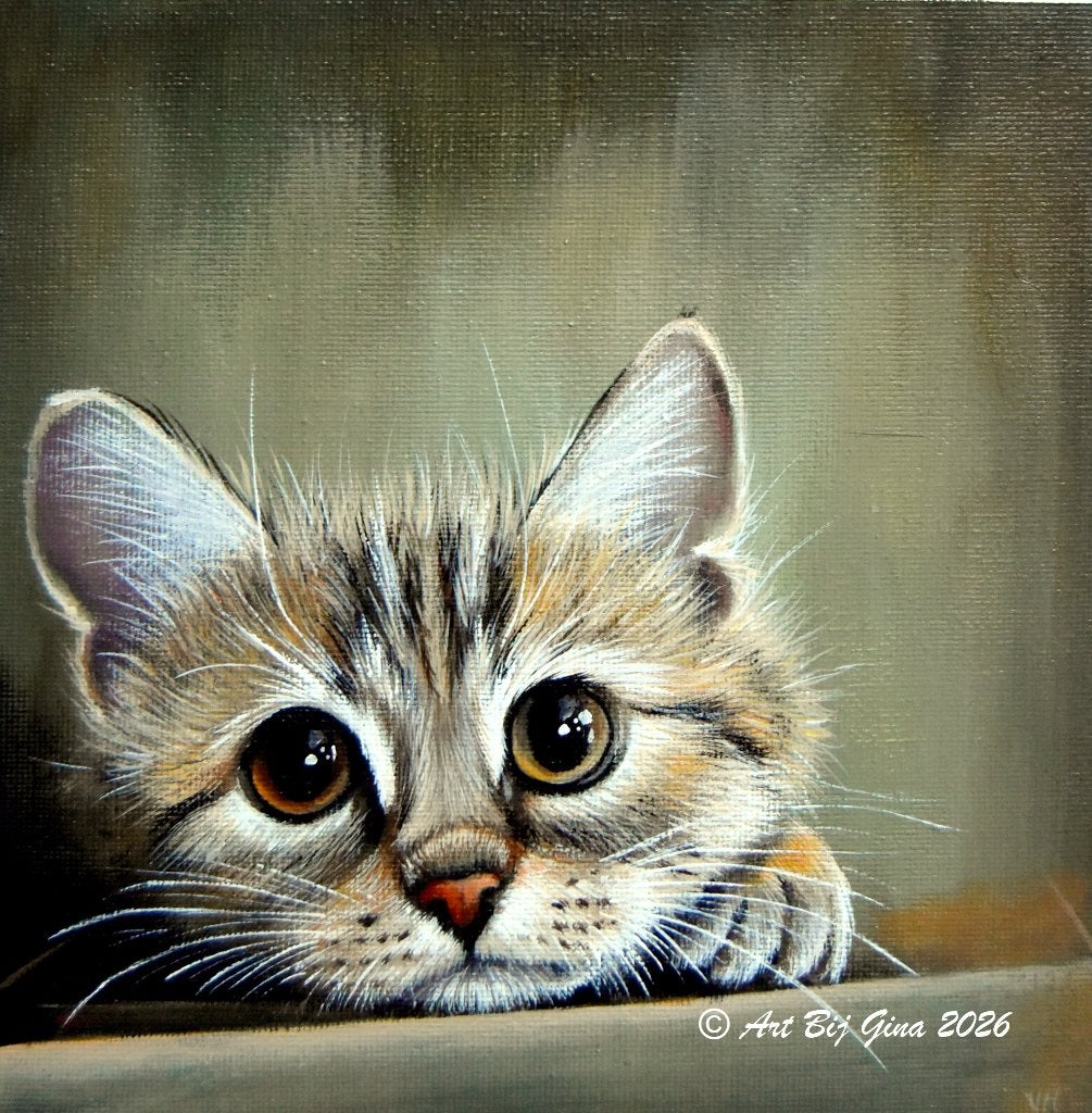 Kitten op de loer... Acrylverf op canvas in een mooie lijst, Acrylverf, Gelimiteerde oplage, Ophalen of Verzenden, Dieren