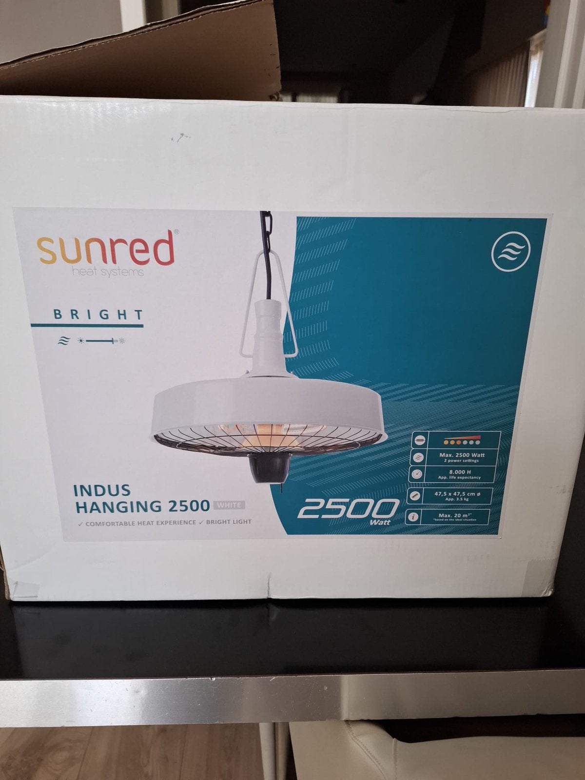 Sunred Indus Hanging 2500W terrasverwarmer in wit, Tuin en Terras, Ophalen, Nieuw, Elektrisch, Plafond