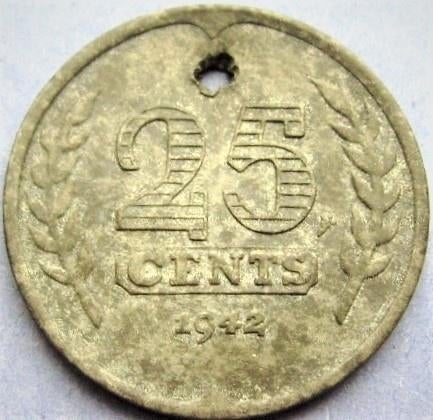 25 cent 1942 zink met gaatje uit omloop!, Verzenden, Koningin Wilhelmina, 25 cent, Losse munt