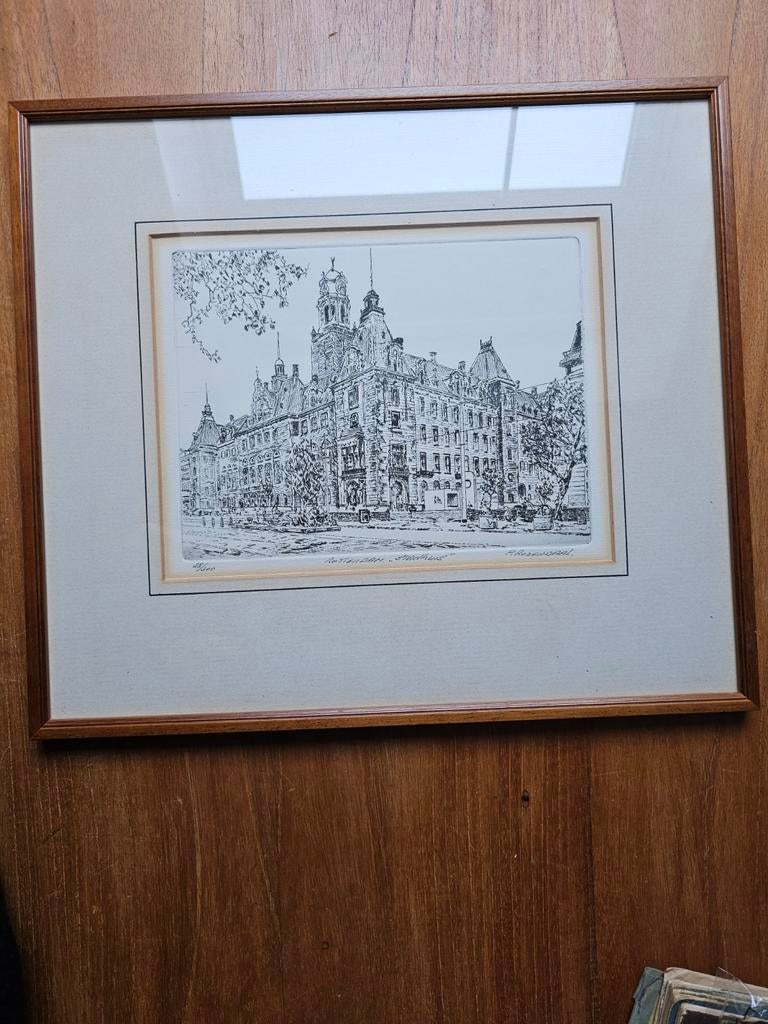 Ets Piet Rozendaal Stadhuis Rotterdam gesigneerd, Antiek en Kunst, Kunst | Etsen en Gravures, Ophalen of Verzenden