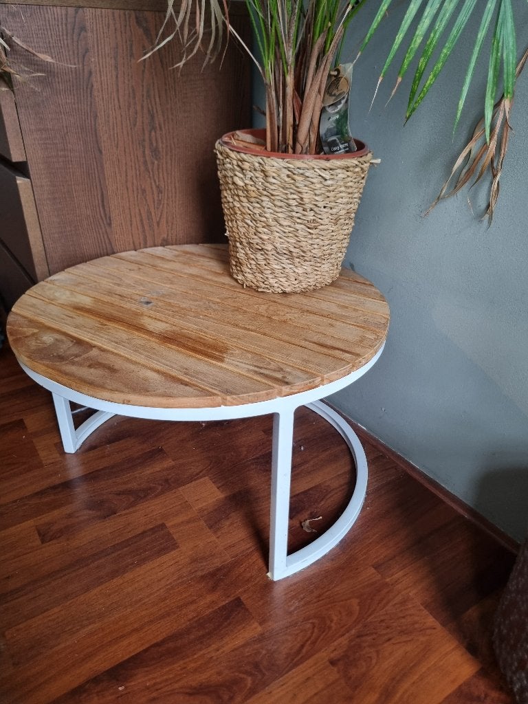 Ronde houten bijzettafel, wit onderstel, 45 tot 60 cm, Minder dan 55 cm, Gebruikt, Rond