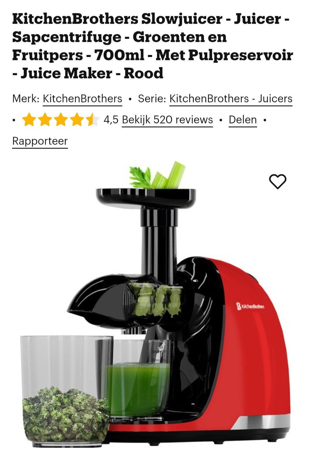 KitchenBrothers Slowjuicer - Sapcentrifuge - Rood, Witgoed en Apparatuur, Keukenmixers, Gebruikt, Ophalen of Verzenden, Vaatwasserbestendig