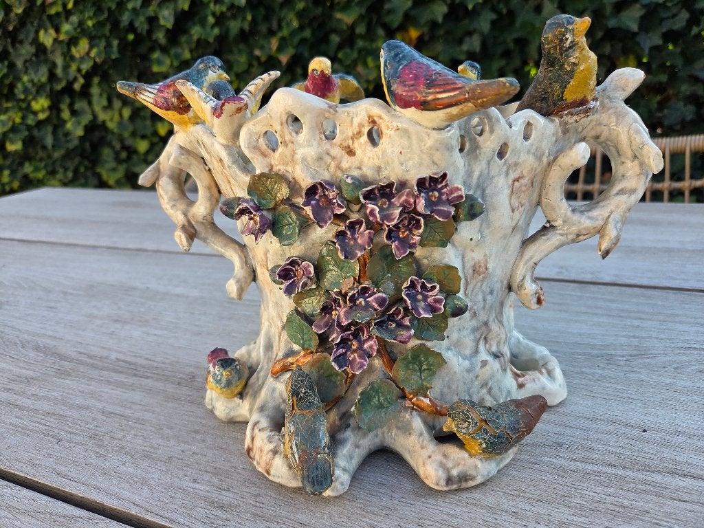 Antieke Majolica vaas met vogels en bloemen, Ophalen