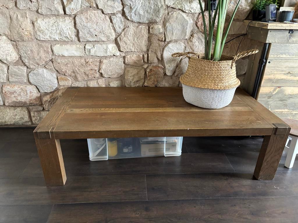 Robuuste eikenhouten salontafel, Huis en Inrichting, Tafels | Salontafels, Ophalen, Gebruikt, 100 tot 150 cm, Eikenhout