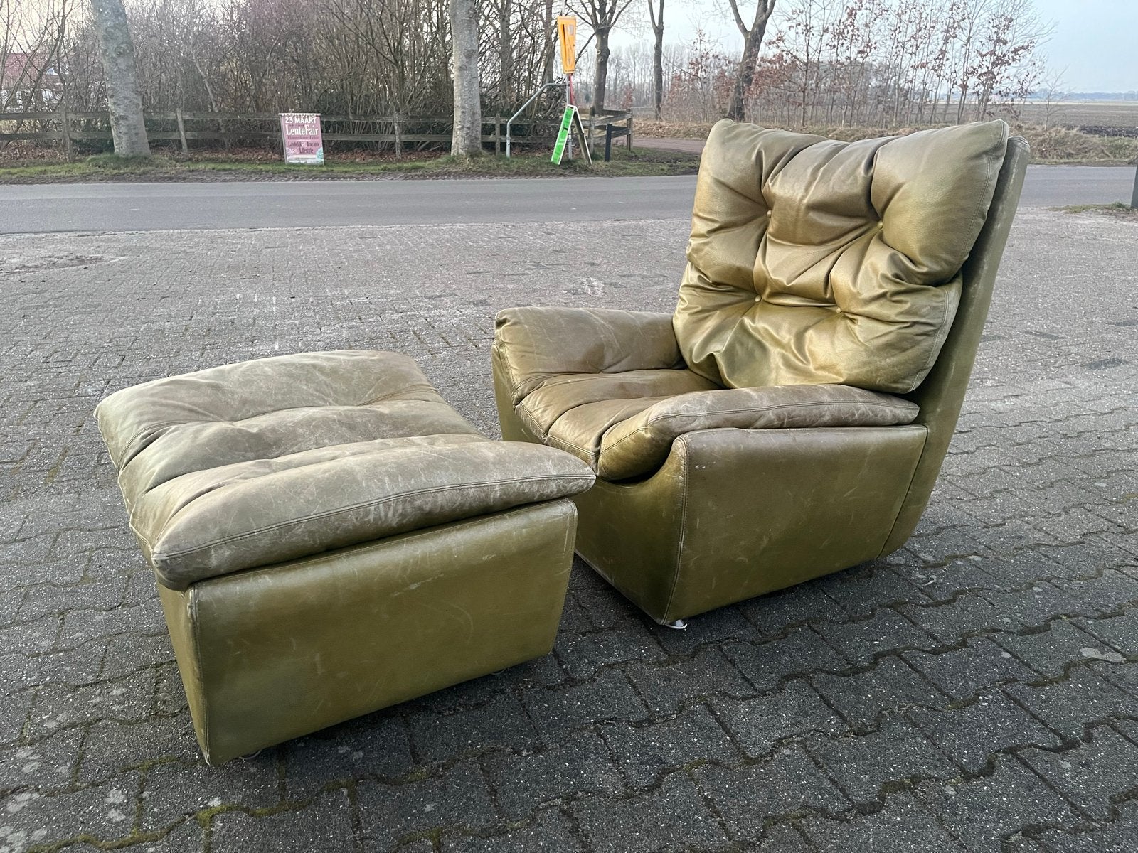 De Sede groene Vintage Leren Fauteuil met Hocker, Ophalen, Leer, 75 tot 100 cm, Design De Sede Kaufman Retro Vitnage