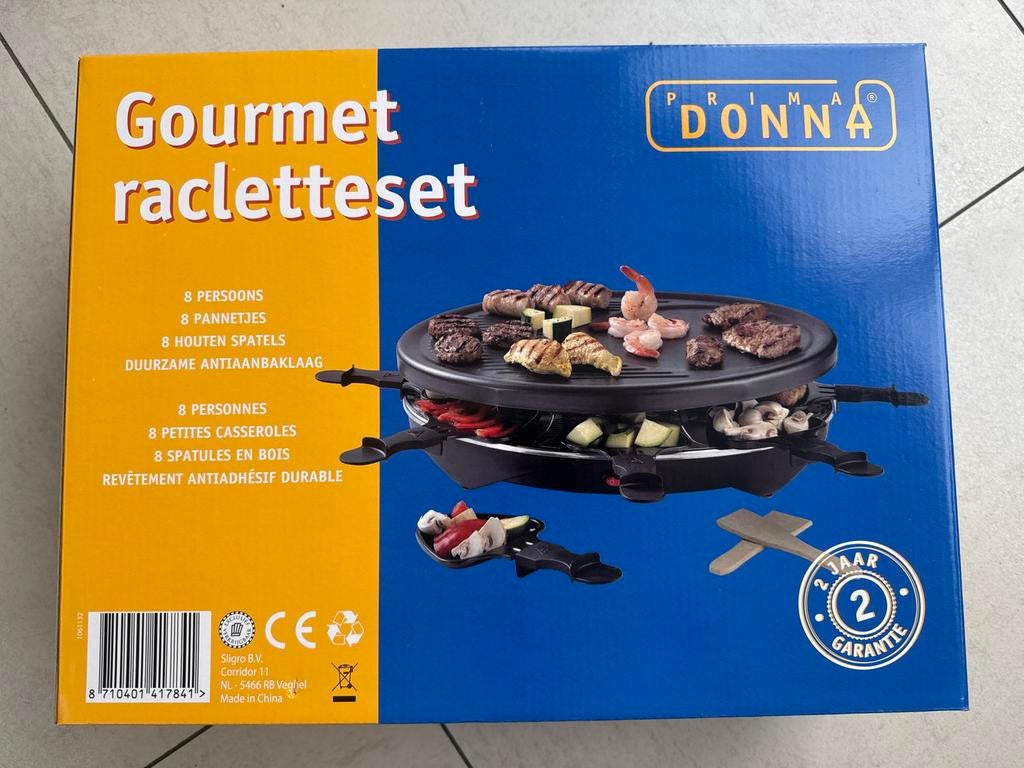 Gourmet / raclette set voor 8 personen – Prima Donna, Witgoed en Apparatuur, Gourmetstellen, Ophalen, Zo goed als nieuw, 8 personen of meer