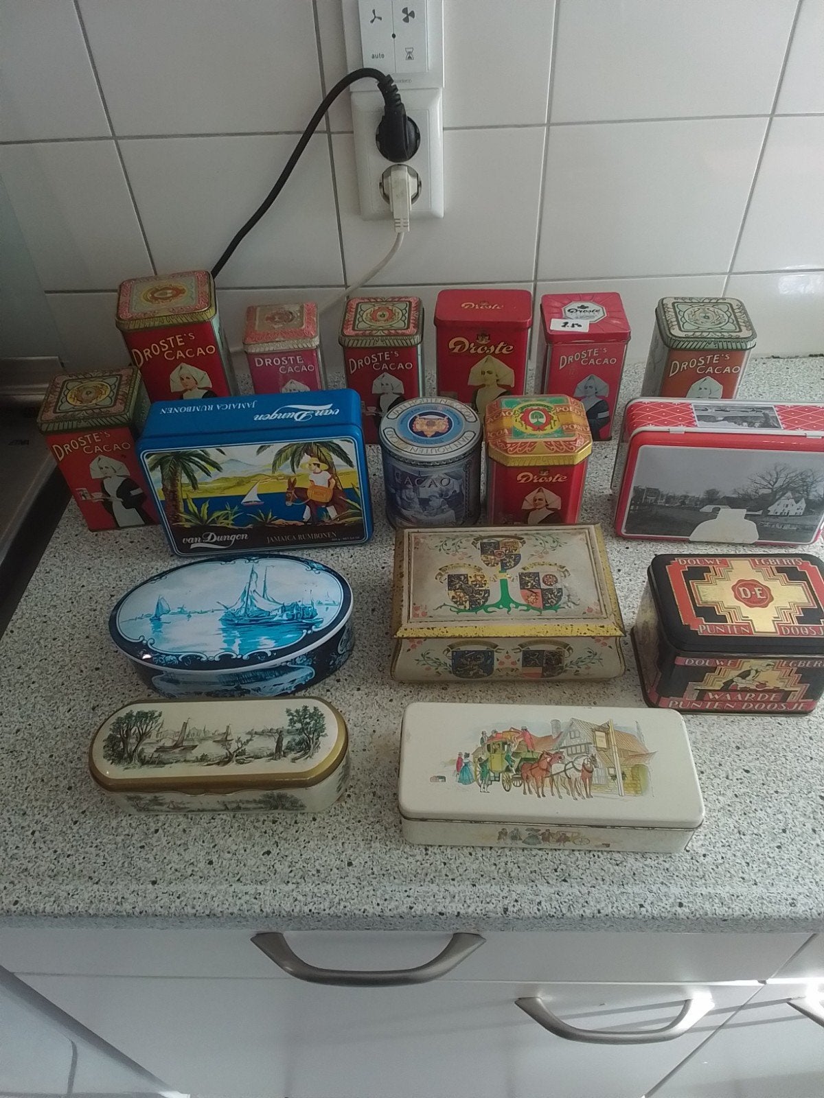 16 Oude Blikken: Droste, Van Nelle, DE, Van Dungen, Houten, Verzamelen, Ophalen of Verzenden, Gebruikt, Koffie, Douwe Egberts
