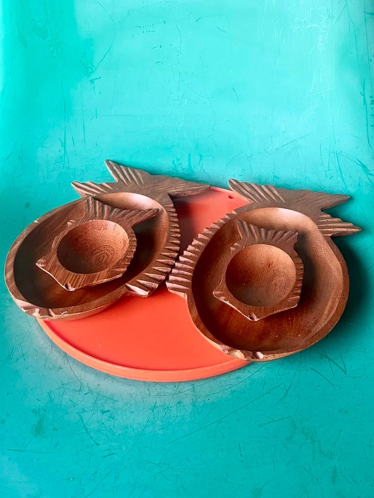 Vintage teak hout vis schalen bordjes mid-century modern, Gebruikt, Schaal, Ophalen of Verzenden, Overige vormen
