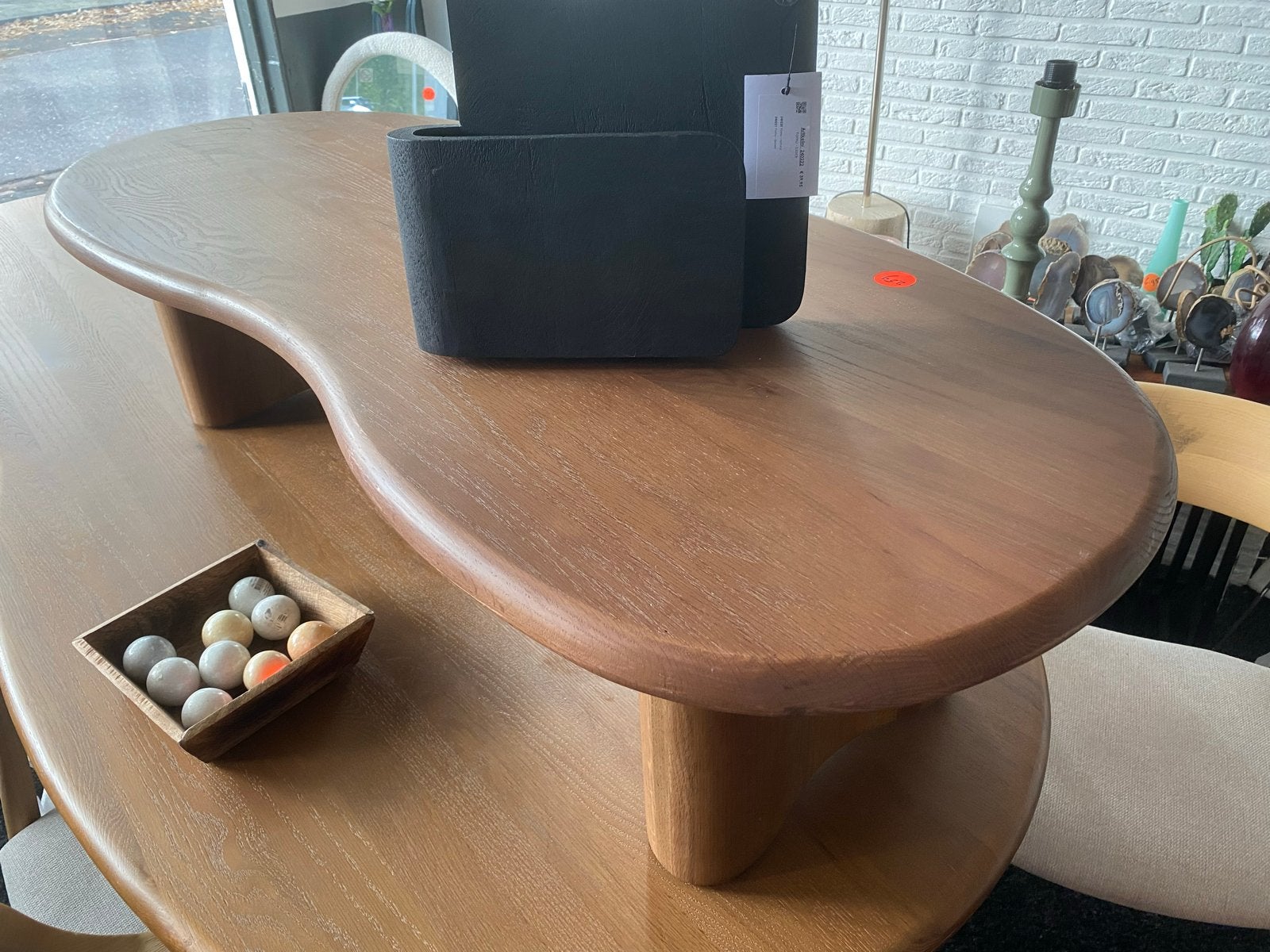 Salontafel massief eiken organische vorm 140x57, Ophalen, 100 tot 150 cm, Eikenhout, Nieuw