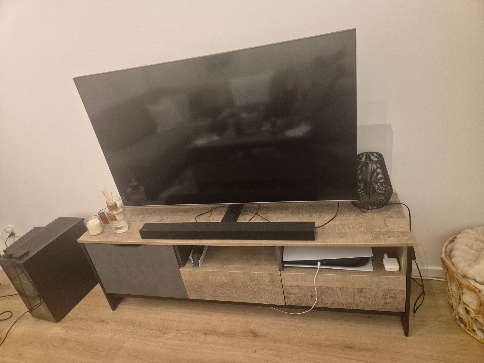 TV meubel en salontafel Meubella grijs/eiken, Gebruikt, 100 tot 150 cm, Ophalen of Verzenden, Minder dan 100 cm