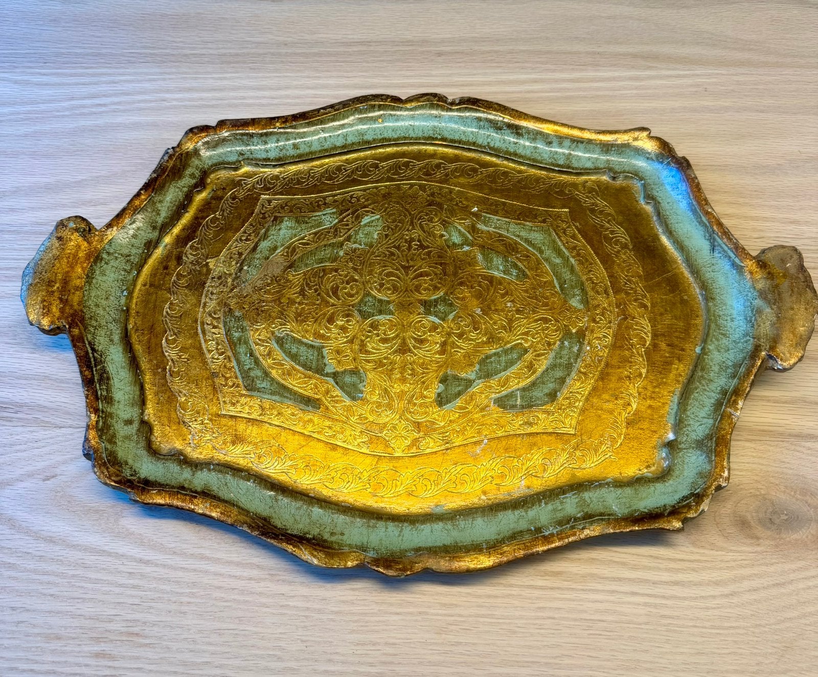 Vintage Florentijns Houten Dienblad Goud & Groen, Ophalen of Verzenden, Gebruikt, Rechthoekig, Hout