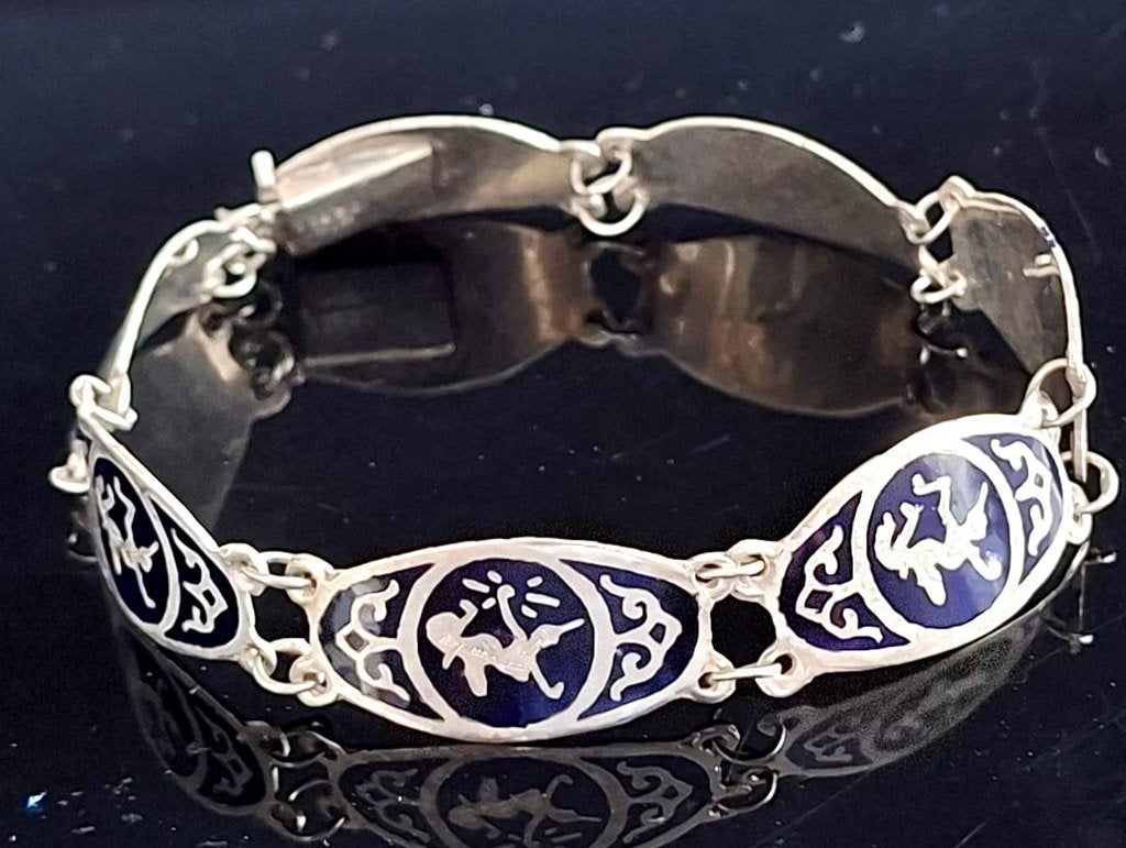 Antieke Siam Sterling Zilver Armband Blauwzwart Ca 1920, Ophalen of Verzenden, Zilver, Armband