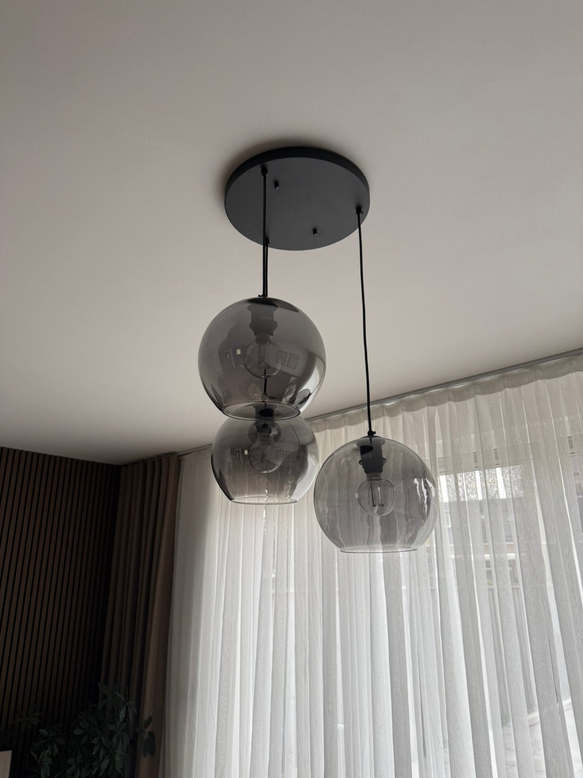 Industrieel Lamp | Zwarte glazen hanglamp met 3 lichtpunten, Ophalen, Gebruikt, E27 (groot), Glas