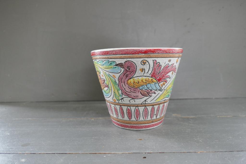 Vintage grote bloempot Italy met vogel en bloemen, 25 tot 40 cm, Verzenden, Rond, Binnen