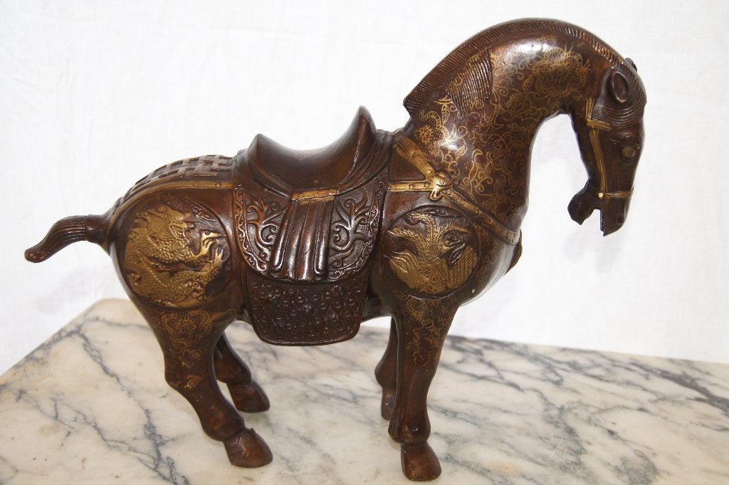 Antiek bronzen paard met gedetailleerde versieringen, Antiek en Kunst, Overige onderwerpen, Handgemaakt, Ophalen of Verzenden