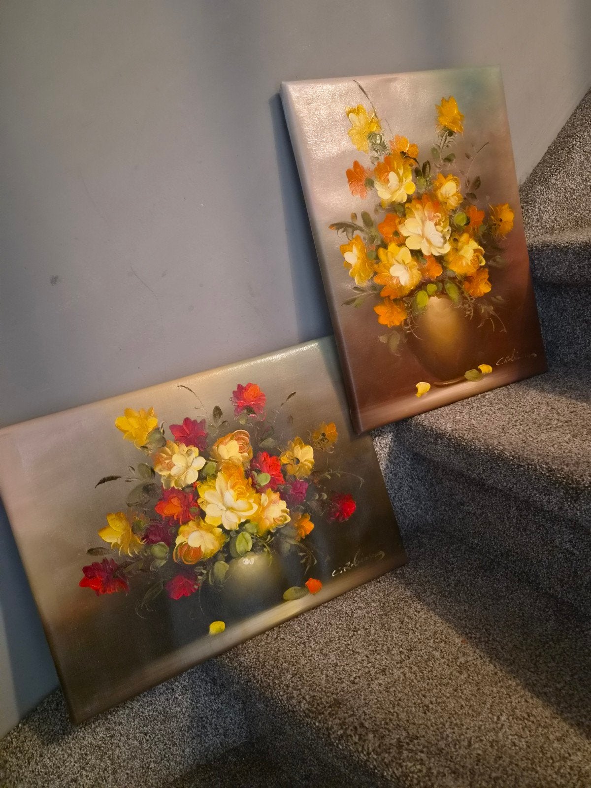 Set van 2 Olieverf Schilderijen: Stilleven met Bloemen, Ophalen of Verzenden, Handgeschilderd, Olieverf, Stilleven