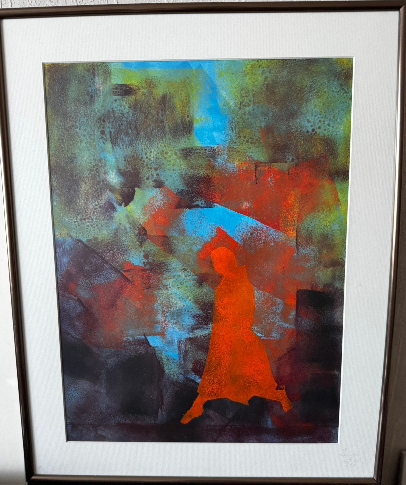 Abstract schilderij  in lijst kleurrijk met oranje figuur, Antiek en Kunst, Ophalen of Verzenden