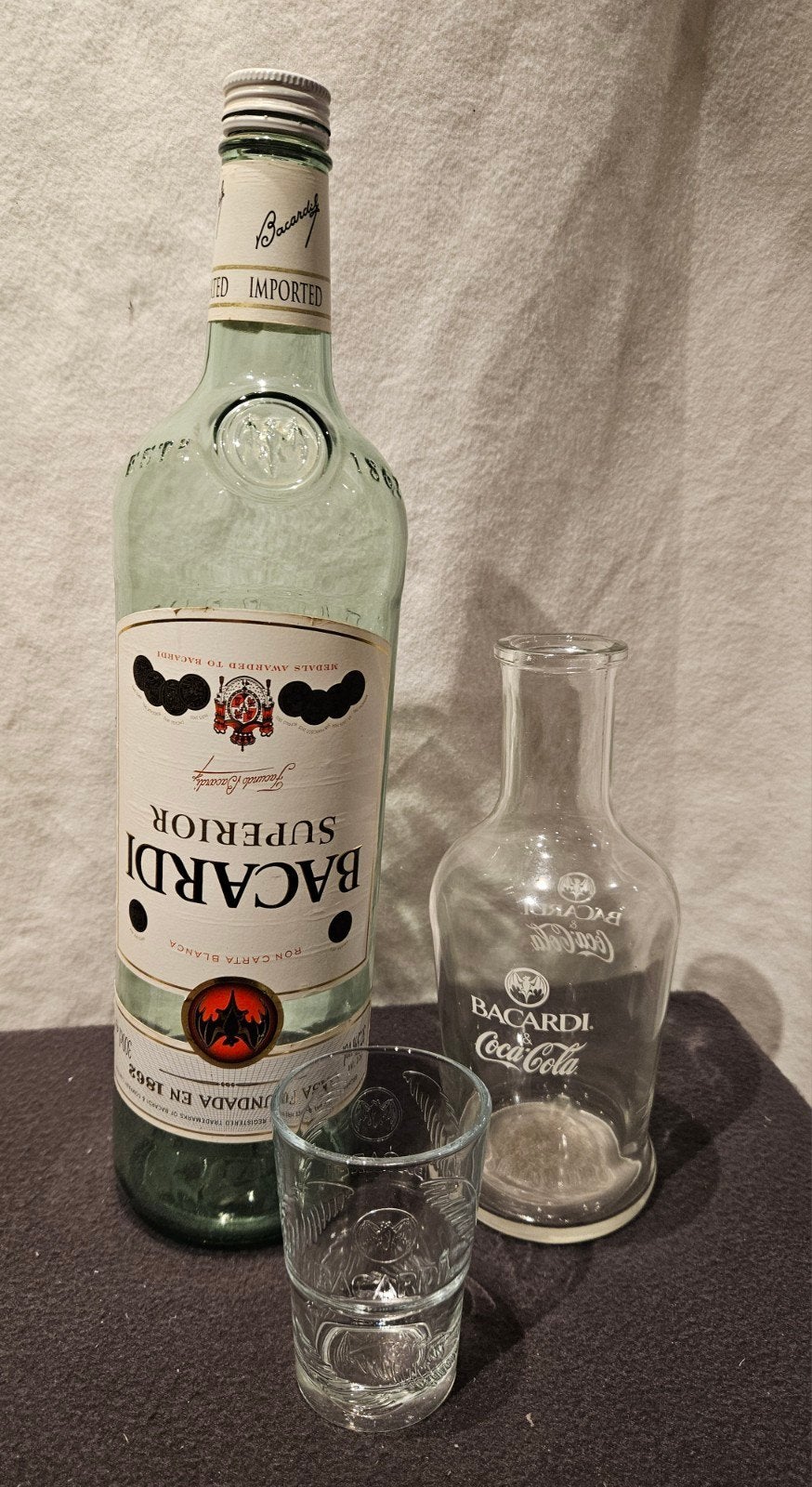 Bacardi fles(leeg) 3 ltr en Bacardi & Coca-Cola glas, Ophalen of Verzenden, Gebruikt, Overige typen