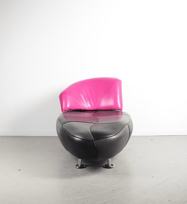 Leolux Kikko Chaise Longue Fauteuil Zwart/Grijs/Roze Leer, Leolux, Zo goed als nieuw, Niet ingevuld, Niet ingevuld