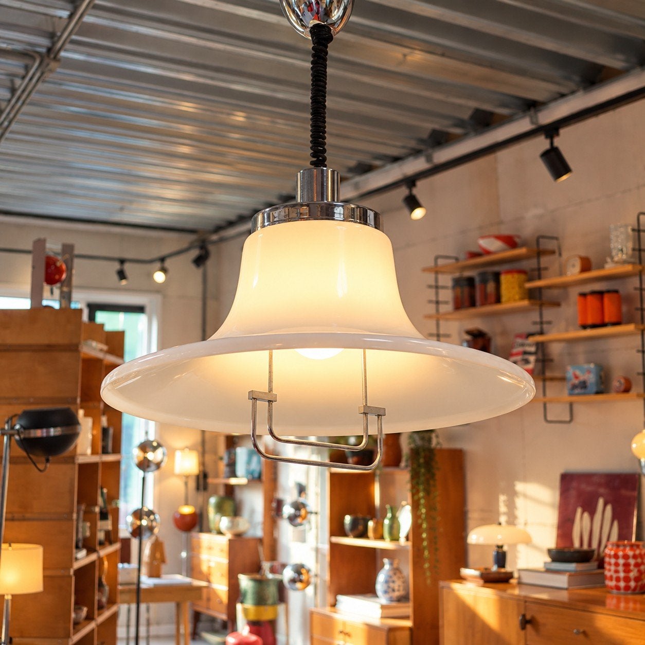 Vintage Space-Age Hanglamp Plexiglas & Chroom, Italy 1970., Kunststof, Popart Space-Age vintage, Zo goed als nieuw, E27 (groot)
