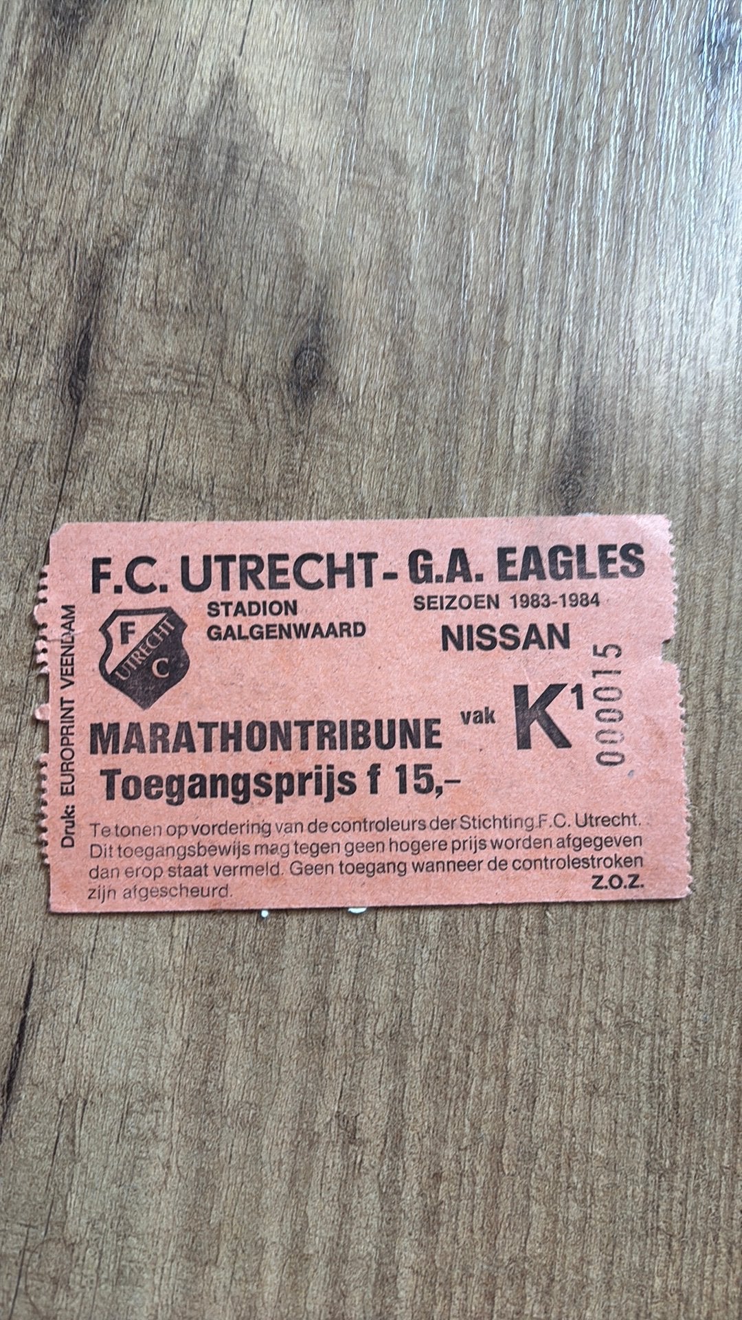Oud stadionticket fc utrecht go ahead eagles 1983, Ophalen of Verzenden, Zo goed als nieuw, F.C. Utrecht, Poster, Plaatje of Sticker
