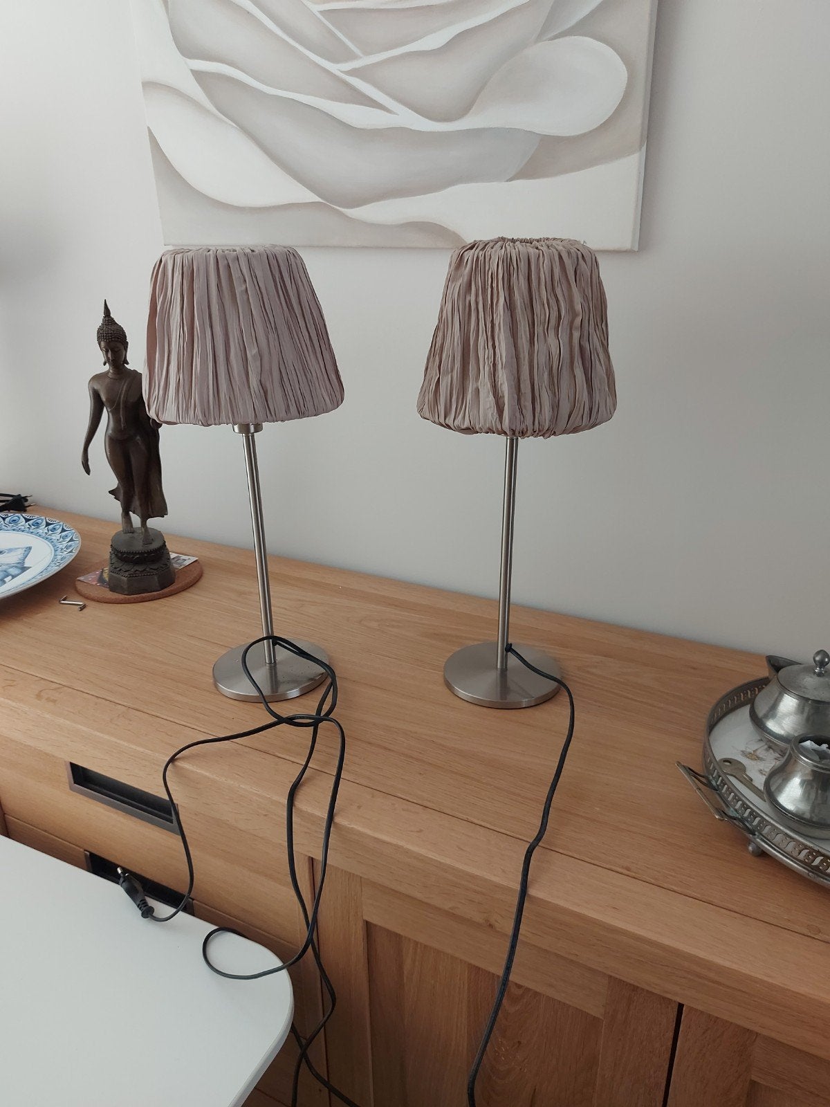 Set van 2 schemerlampen met stoffen kap, Huis en Inrichting, Lampen | Tafellampen, Ophalen, Gebruikt, Met kap, Textiel