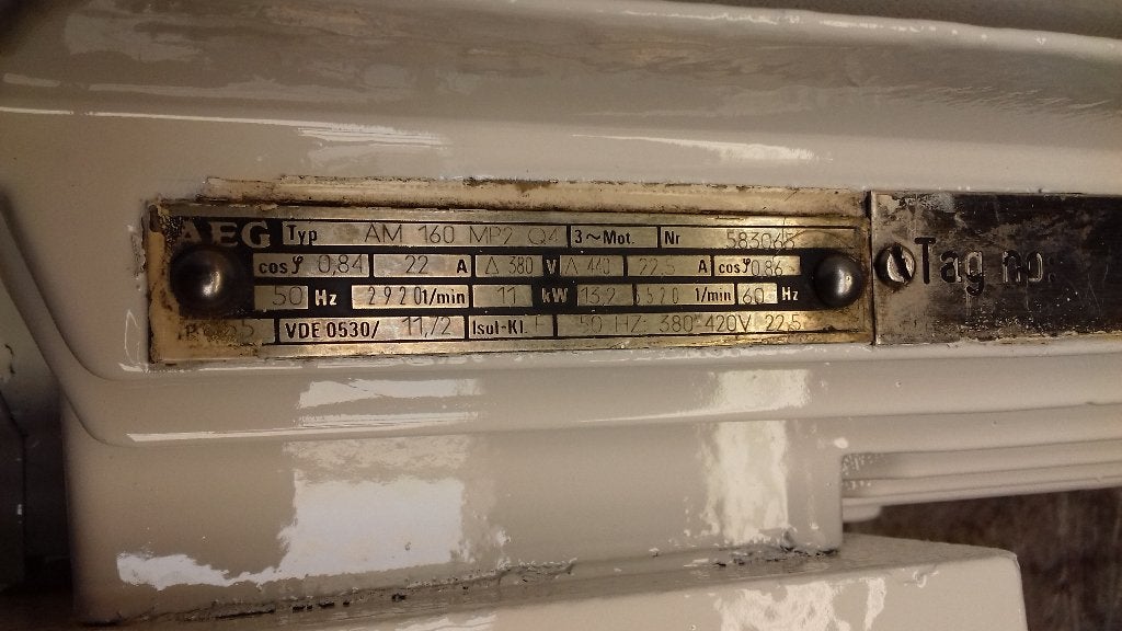 Standaard AEG elektromotor 11 kw 3000 rpm B3, Ophalen, Zo goed als nieuw, Elektromotor, 1800 rpm of meer