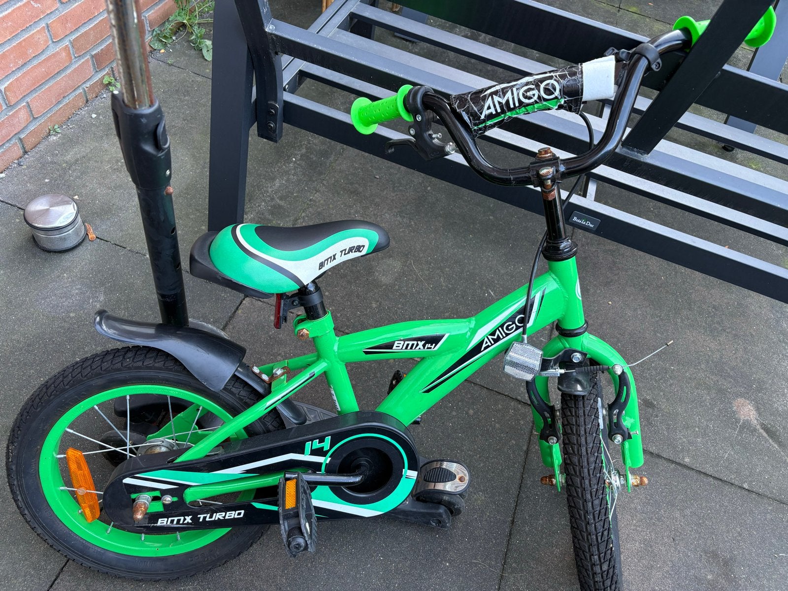 Amigo BMX Turbo kinderfiets 14 inch - Groen, Ophalen, Zo goed als nieuw, Terugtraprem, Minder dan 16 inch