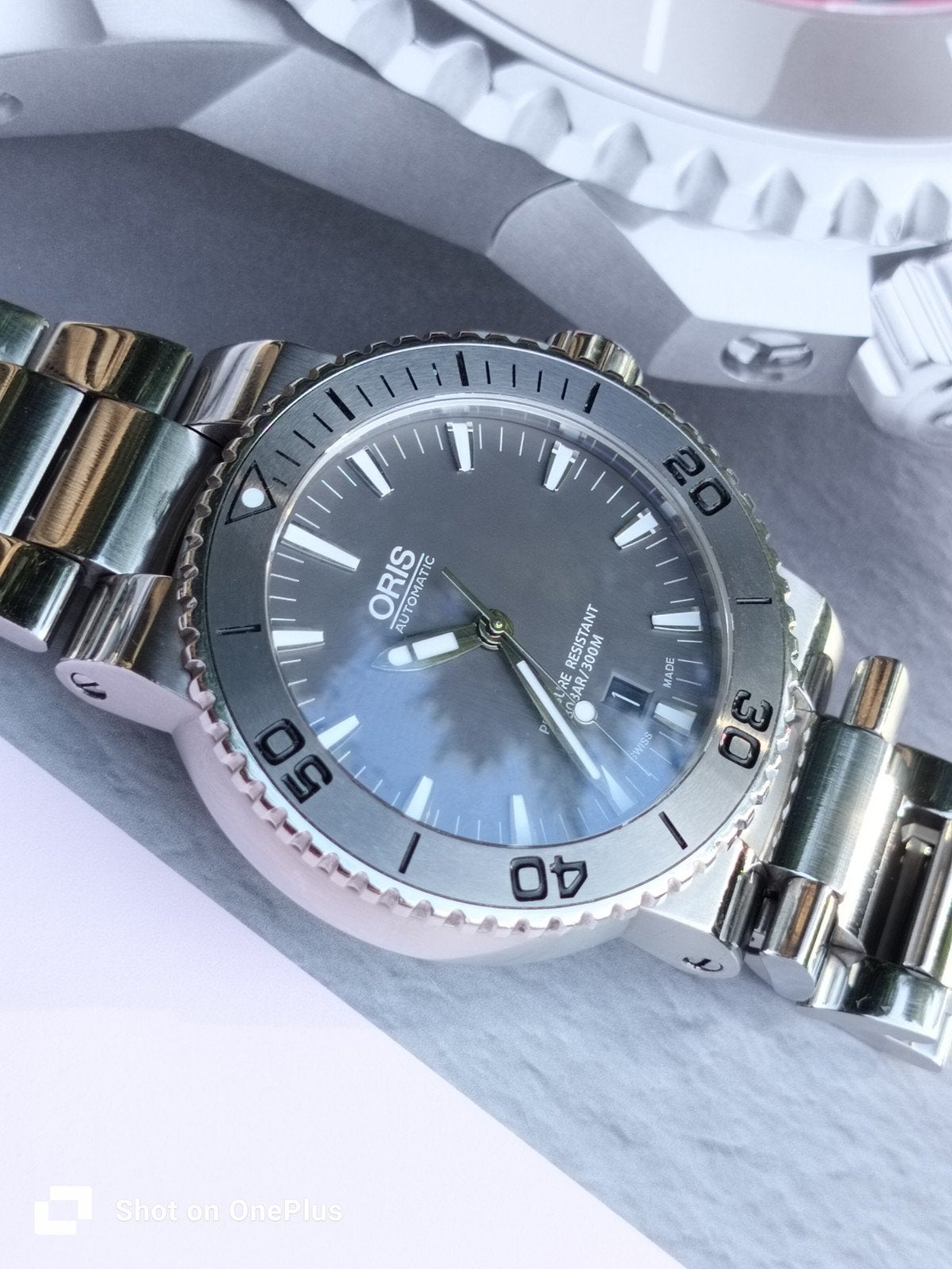 Leuk Oris Aquis Date Grey Dial Automatic Horloge 43,5 mm, Overige merken, Gebruikt, Zwart, Ophalen of Verzenden