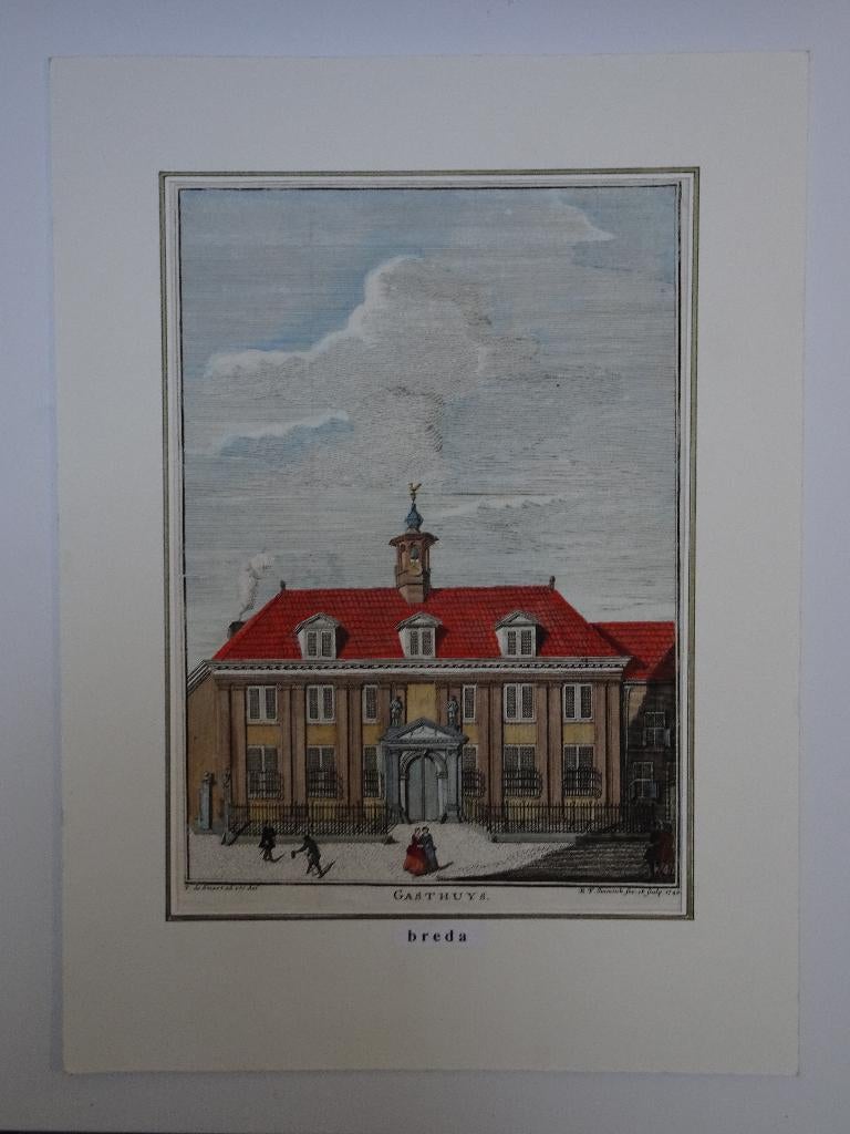 Gravure handgekleurd Gasthuis in Breda BF Immink, 18e eeuw, Antiek en Kunst, Verzenden, Architectuur, Gravure, 1700 - 1799