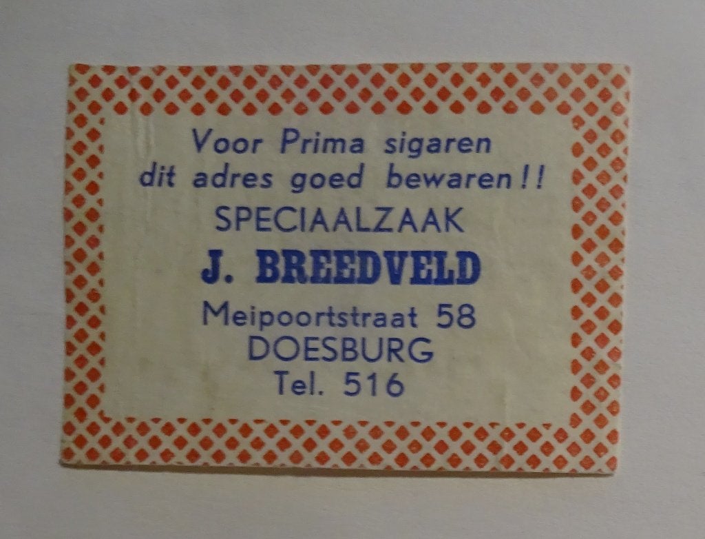 Speciaalzaak   J . BREEDVELD   Meipoordstraat    DOESBURG, Verzenden, Zo goed als nieuw, Luciferdoosjes of -merken