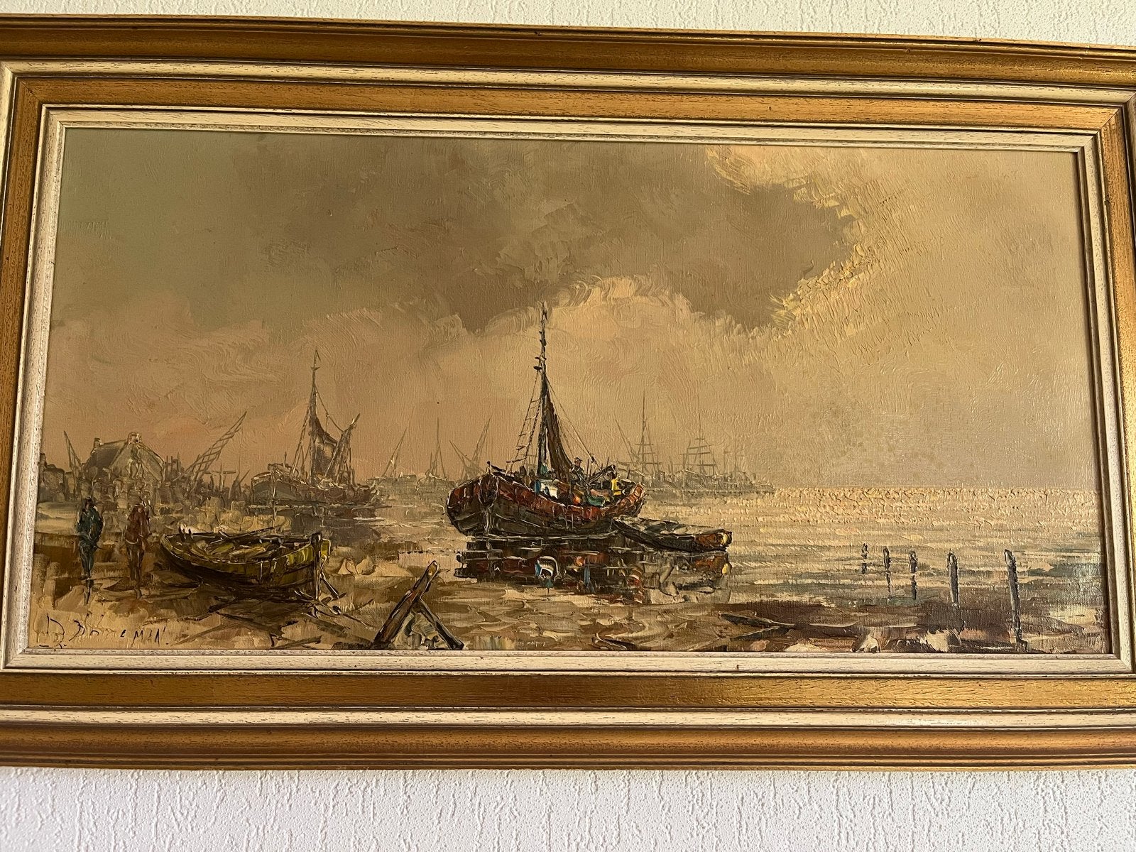 Gesigneerd olieverfschilderij havengezicht 94x54cm, Antiek en Kunst, Ophalen, Maritiem / water, Doek, Gesigneerd