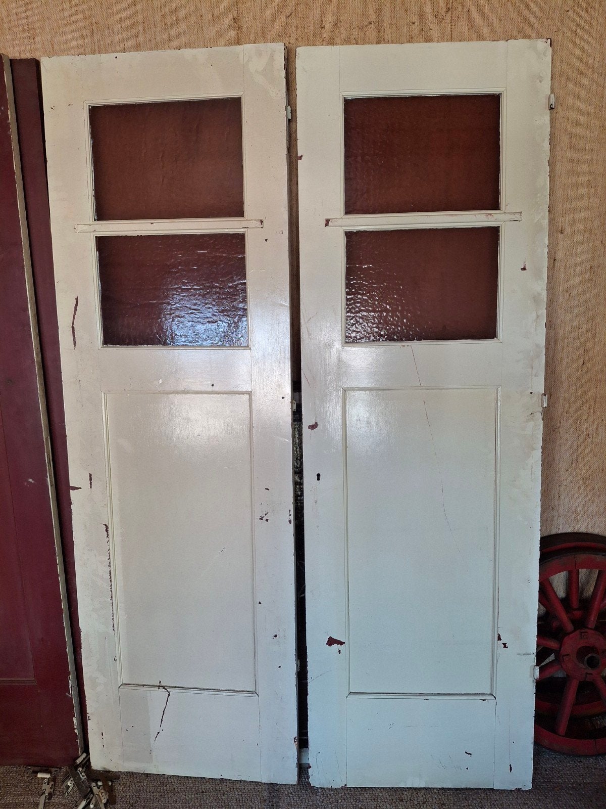 4 Vintage Houten Dubbele Deuren met Glas Jaren 30/40 + besla, Ophalen, Gebruikt