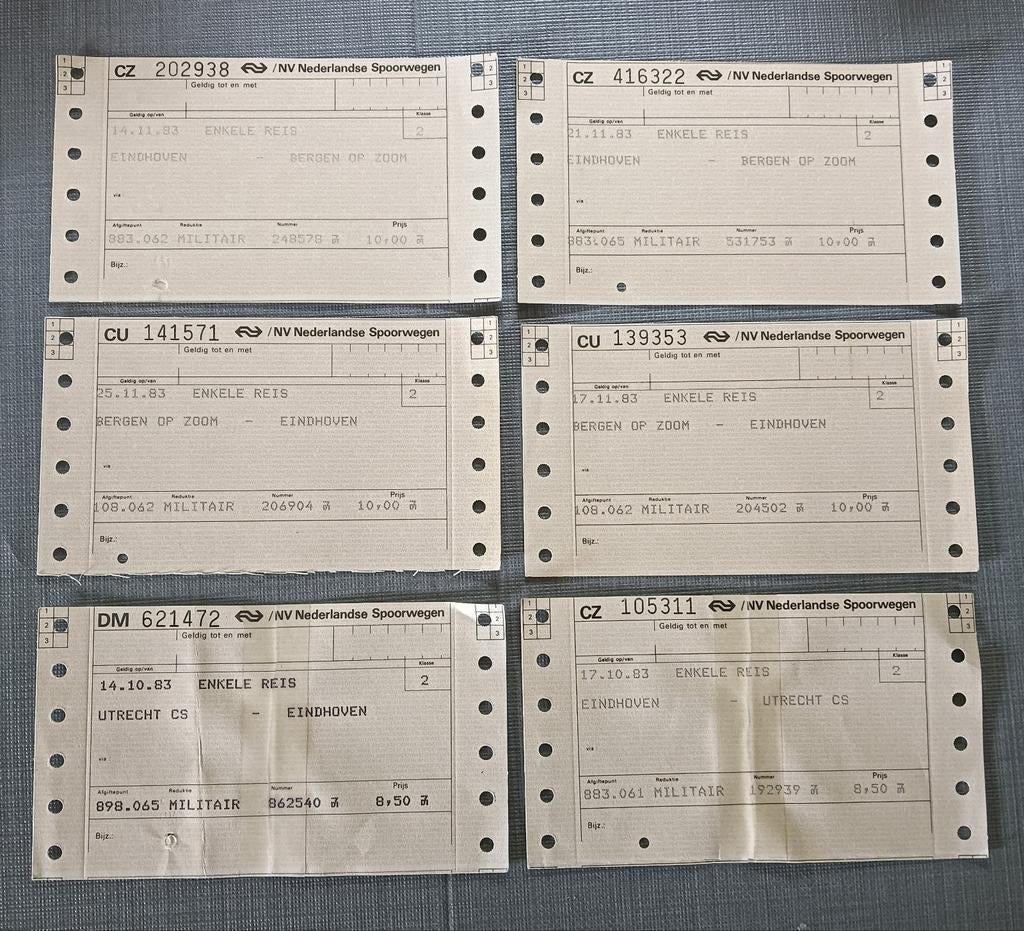 Militair NS treinkaartjes uit 1983, Ophalen of Verzenden, Zo goed als nieuw, Kaart of Prent