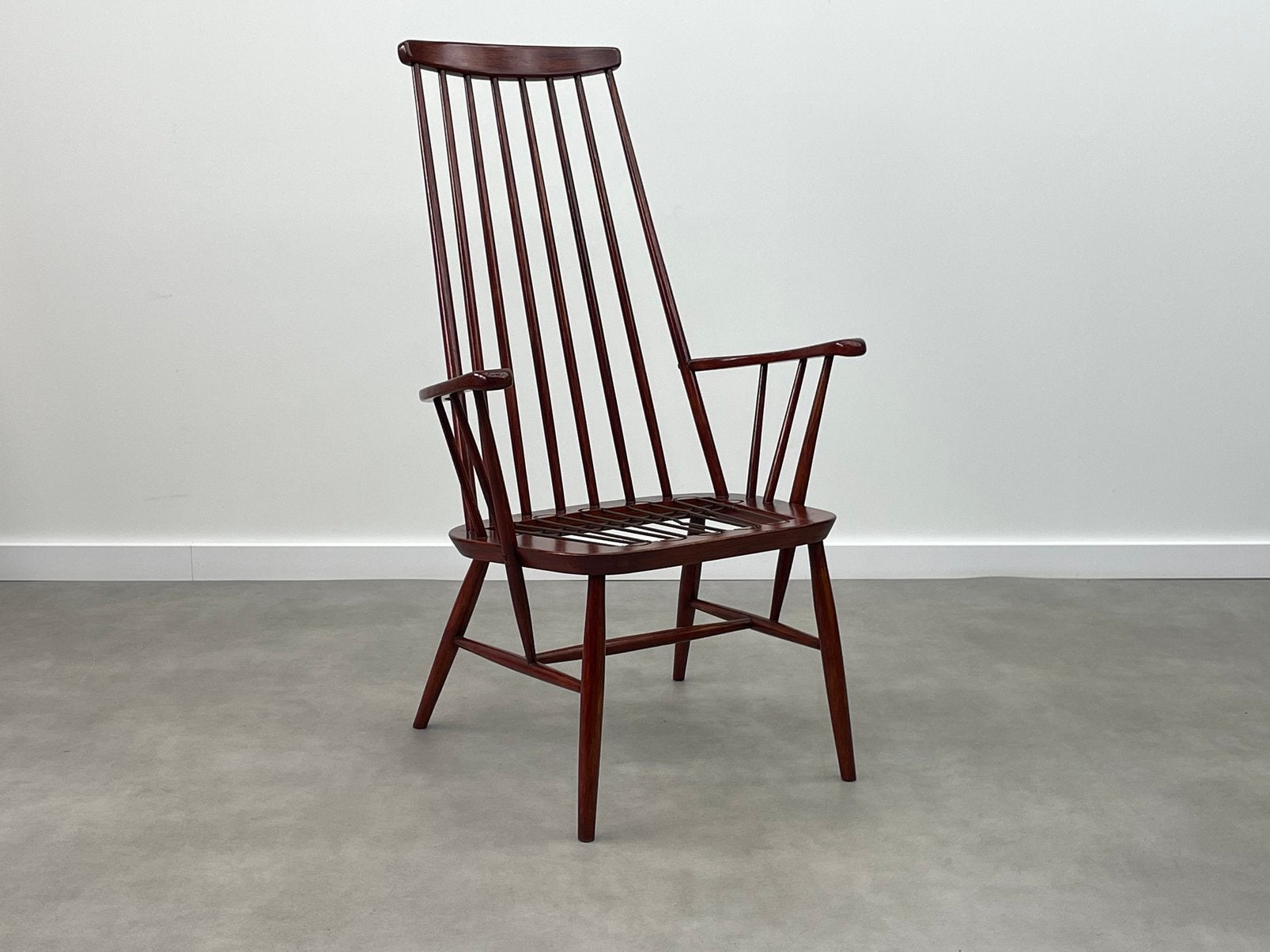 Vintage mid-century spijlenstoel jaren 60, Huis en Inrichting, Stoelen, Ophalen, Zo goed als nieuw, Bruin, Eén