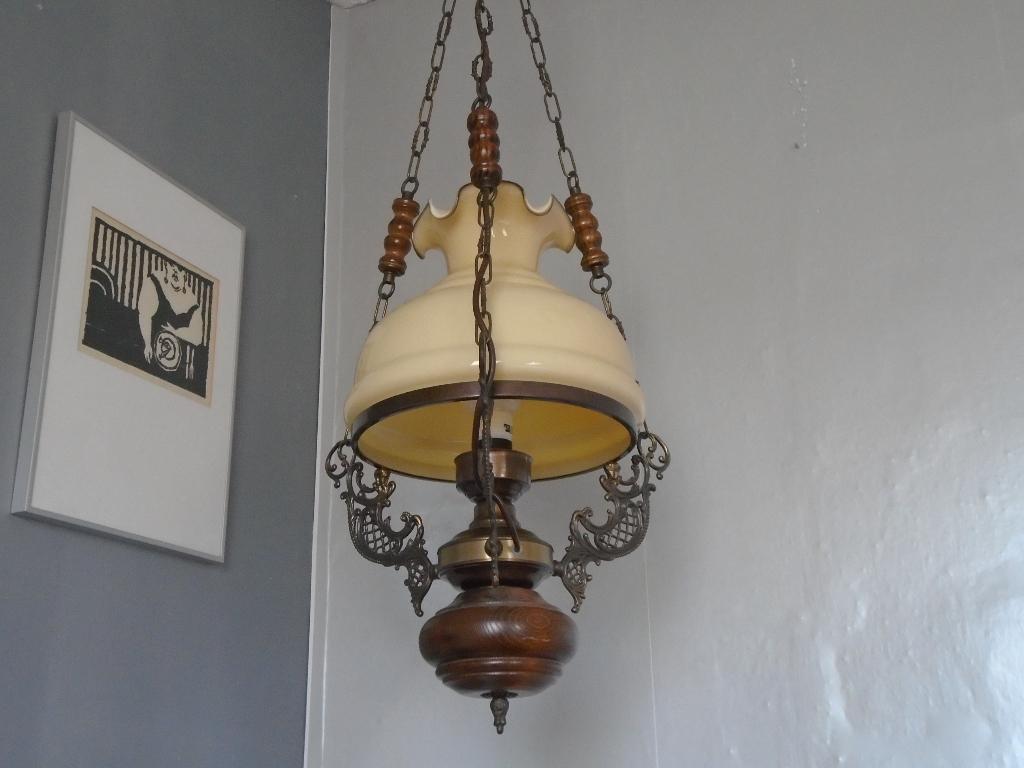 Olielamp achtige hanglamp met glazen(geel kelk 30 x 35 cm), Ophalen, Zo goed als nieuw, Glas, 75 cm of meer