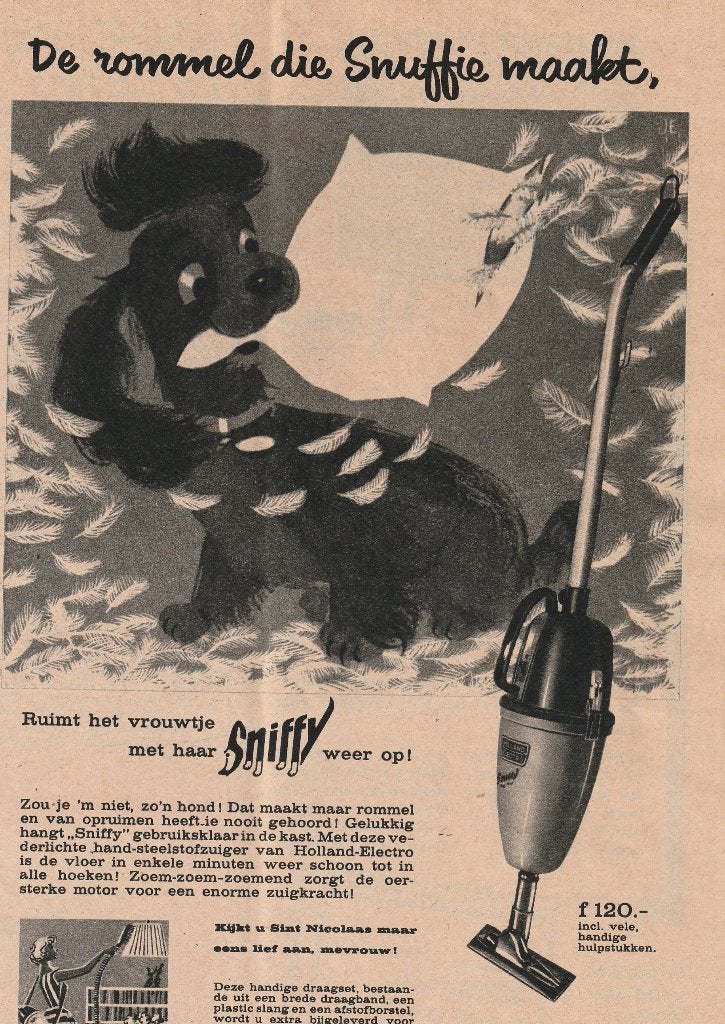 retro reclame 1958 Holland Electro stofzuiger Sniffy hondje, Verzamelen, Retro, Verzenden, Overige typen