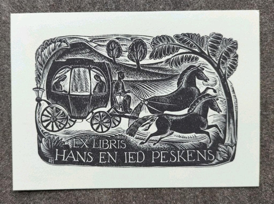 Exlibris Hans en Ied Peskens (Elly van den Hoeven) (Koets), Antiek en Kunst, 1950 - 1999, Origineel, 7 cm, Landschap