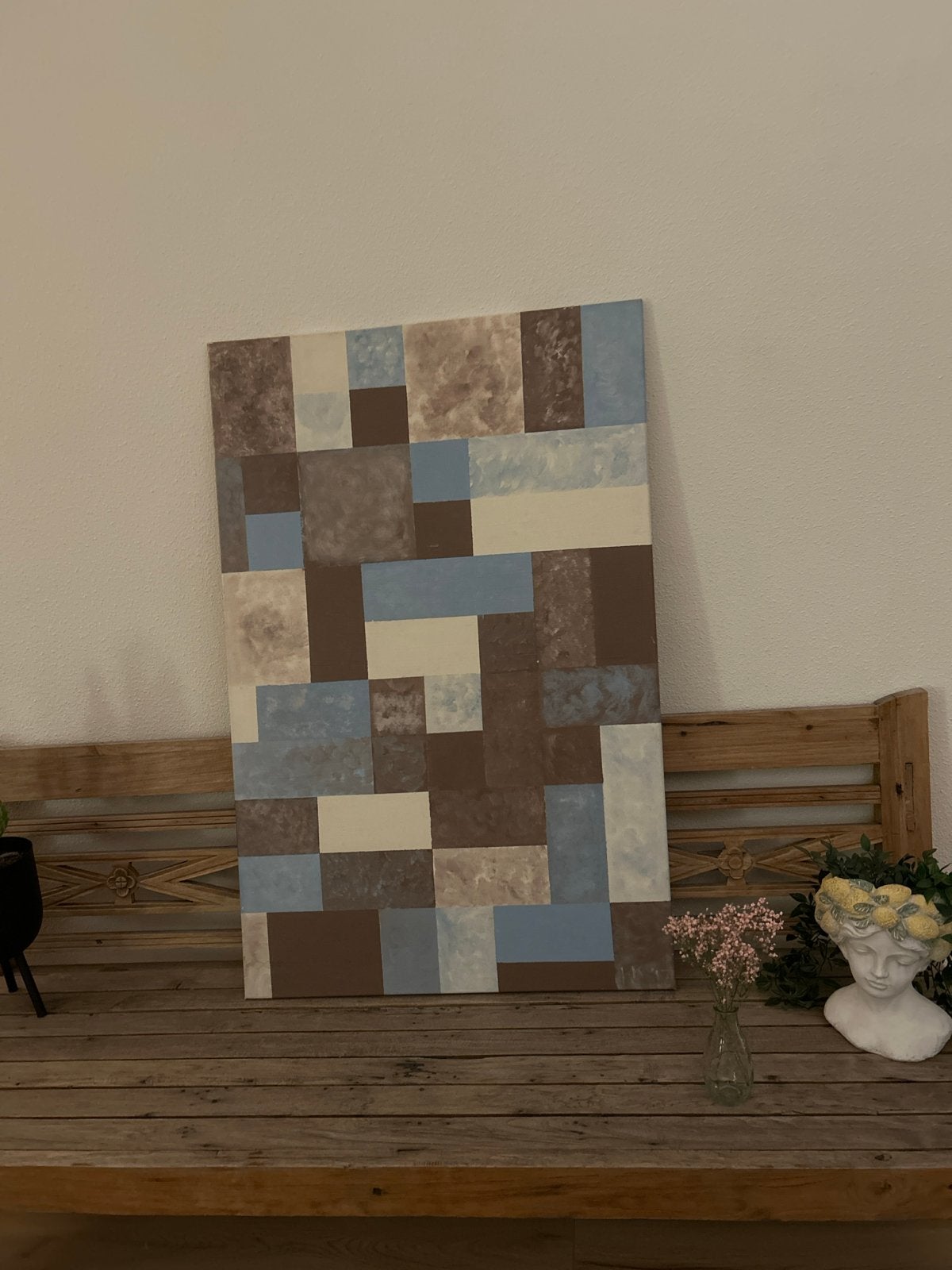 Modern Abstract Schilderij - Blauw, Bruin, Beige, Ophalen of Verzenden