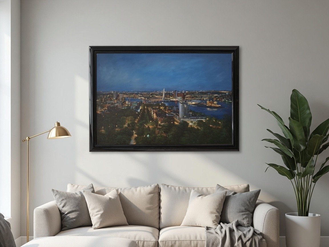 Olieverf Schilderij Rotterdam Skyline met Erasmusbrug, Antiek en Kunst, Doek, Realistisch, Ophalen of Verzenden, Olieverf