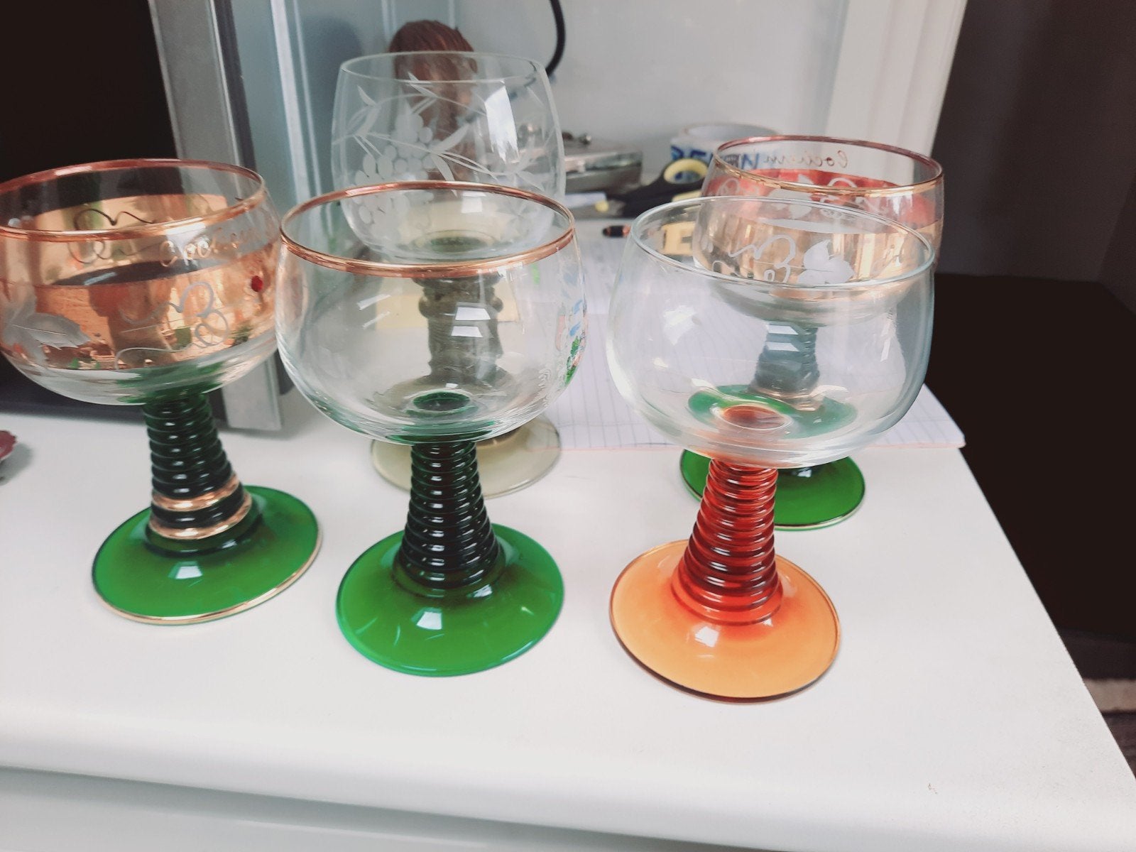 Set van 5 Vintage/Brocante  Wijnglazen met Groene Voet, Ophalen of Verzenden
